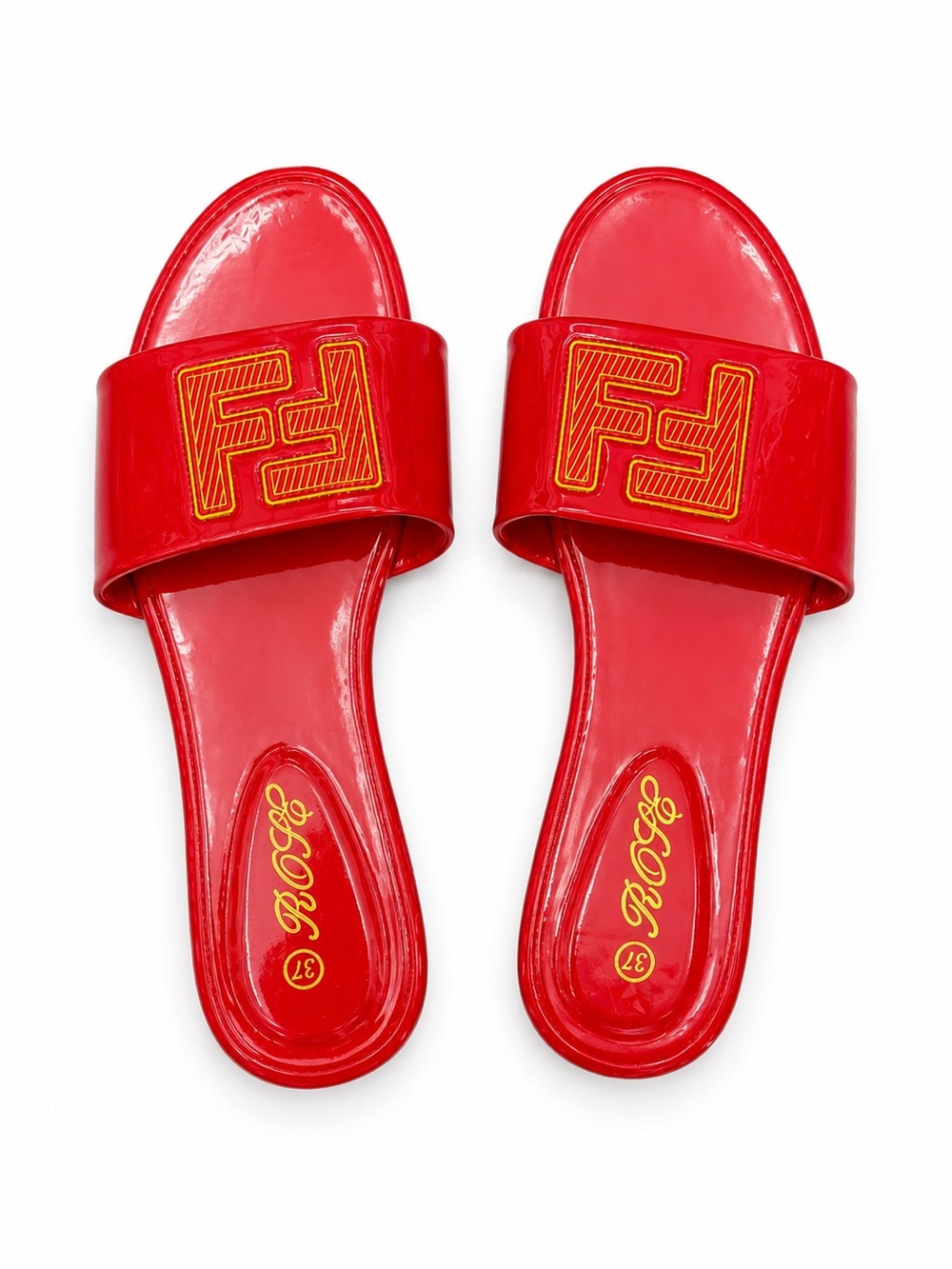 Red Patent Slide Sandals with Gold Embroidered Design